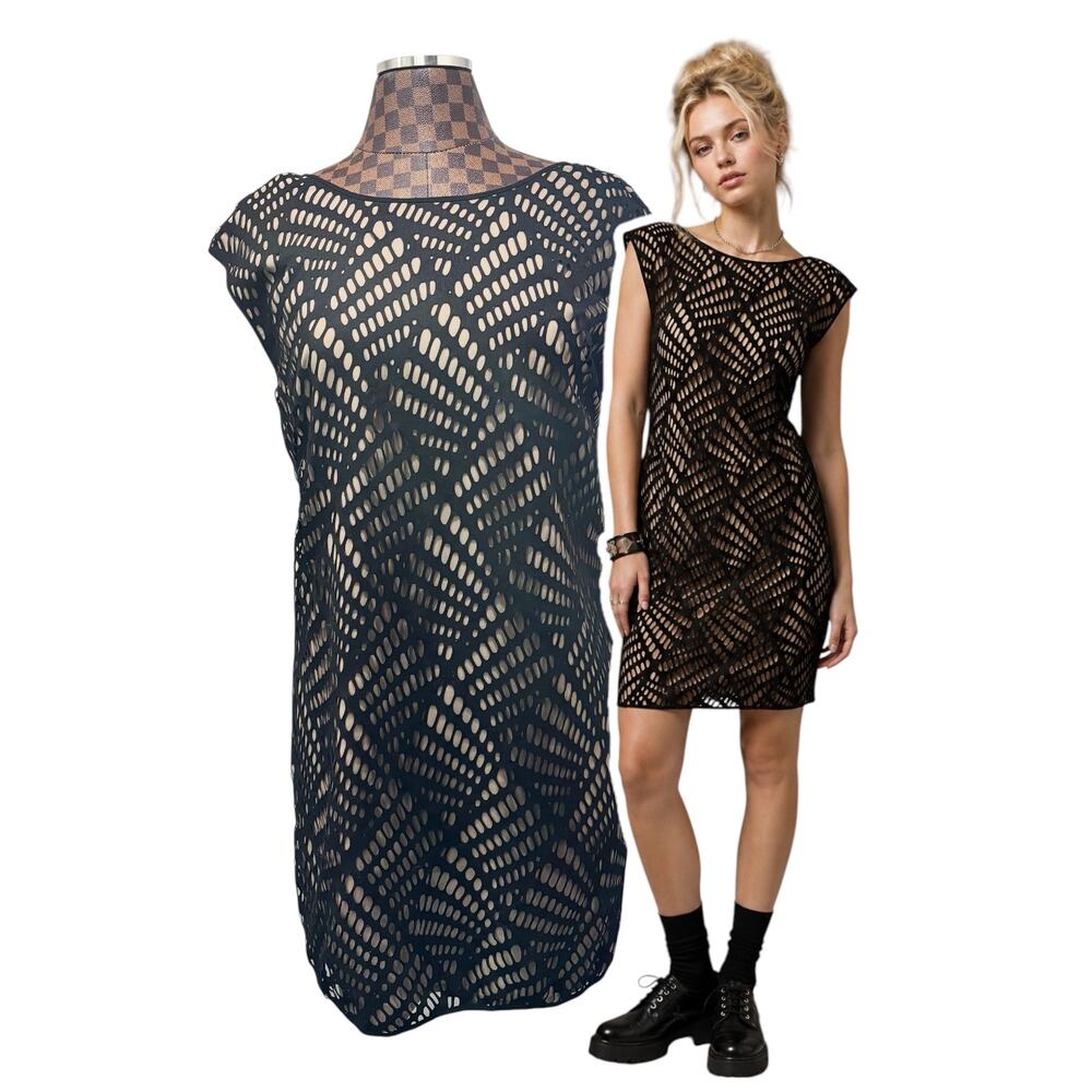 Marc New York Andrew Marc Dress 10 Black Laser Cut Sheath Nude Avant Garde Chic